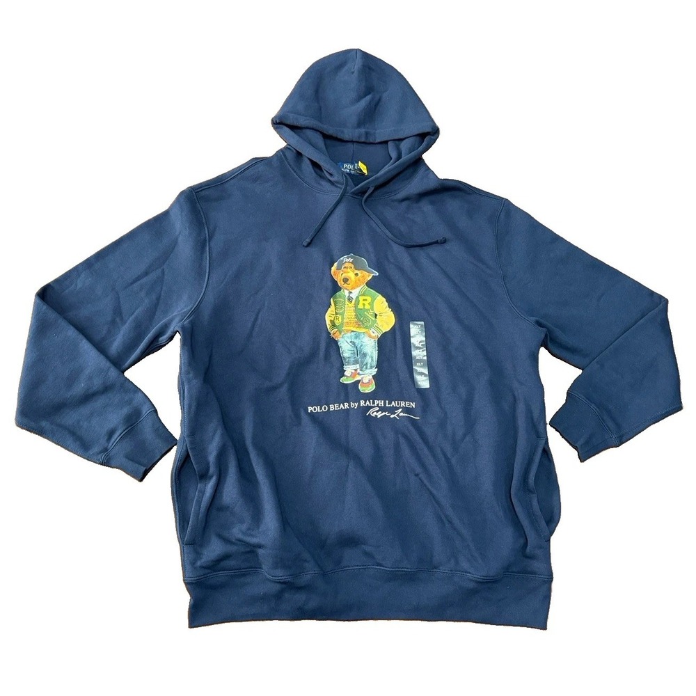POLO Ralph Lauren Blue Collegiate Polo Bear Fleece Hoodie Sweatshirt XLT NWT